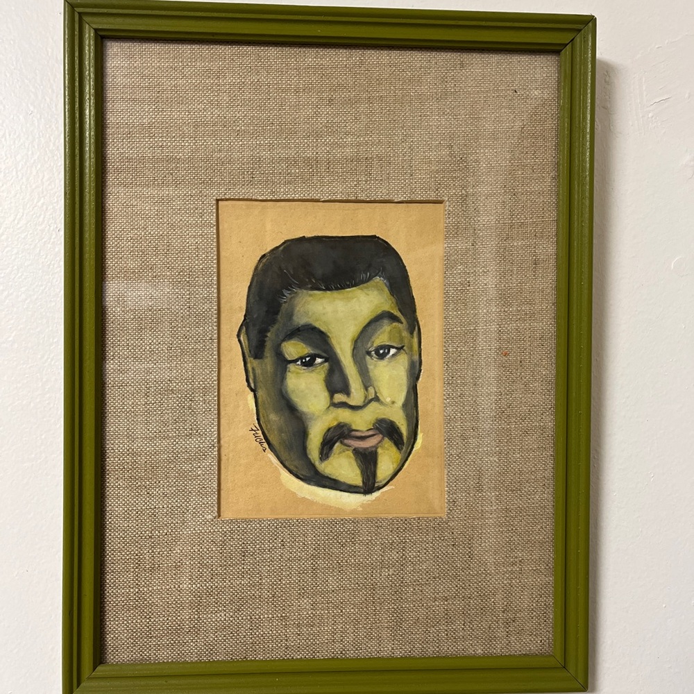 Unusual original art 1940s floating green head with bright green frame